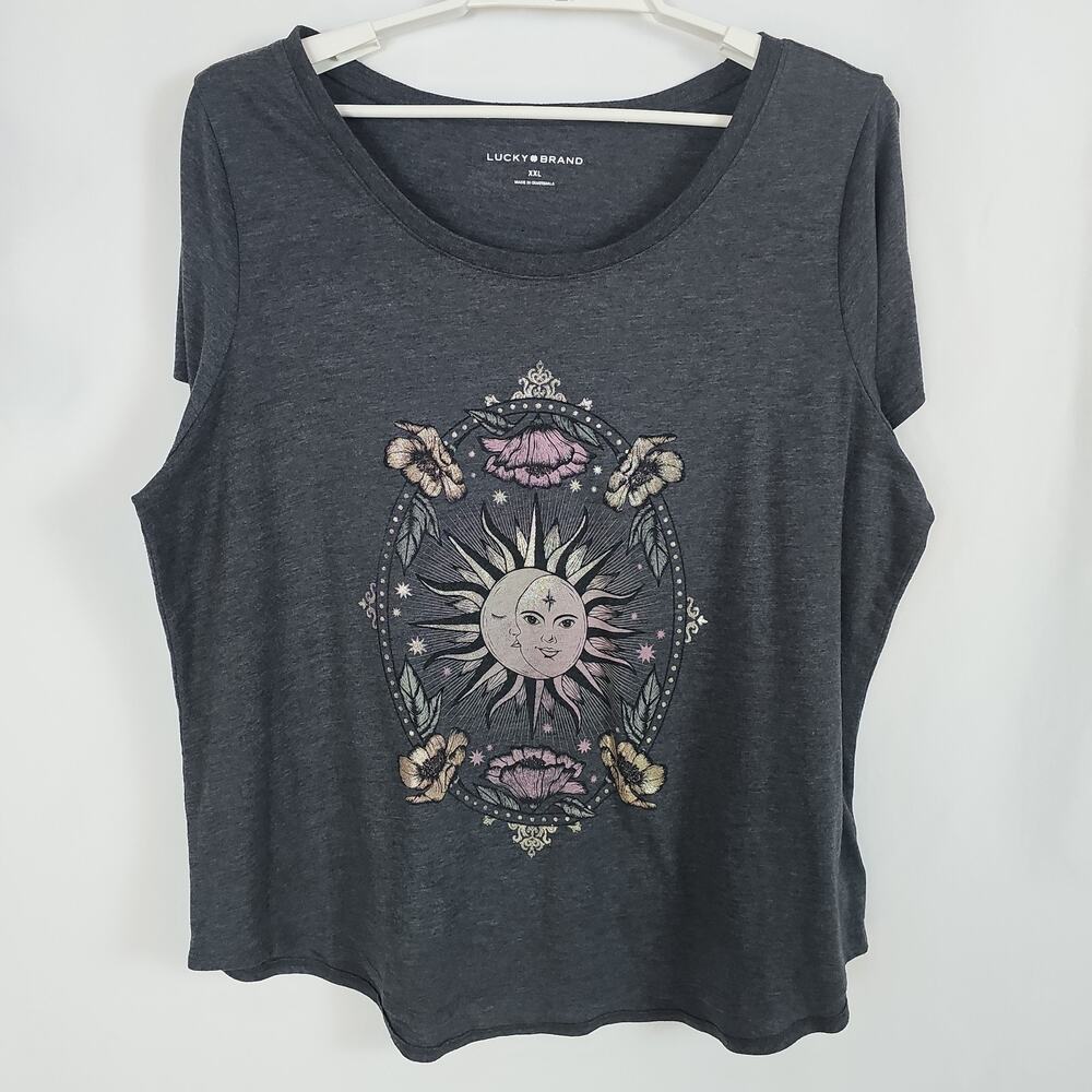 Lucky Brand Women's Top Graphic Tee Short Sleeve Gray Moon Sun Bohemian Sz. XXL